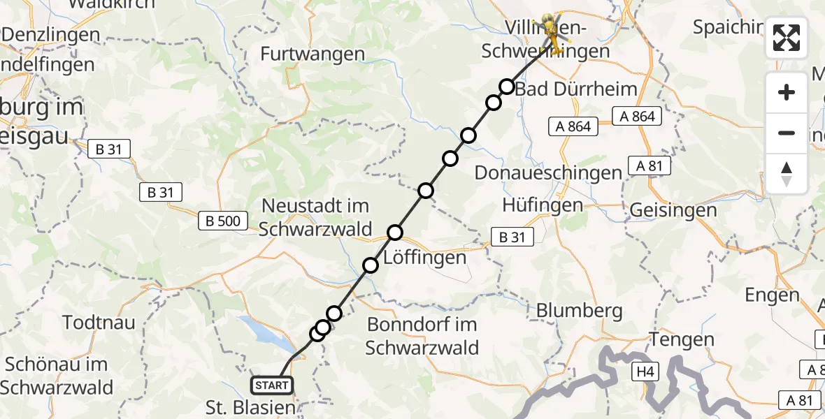 Flugroute Rettungshubschrauber Schluchsee - DRF Air Rescue Station Villingen-Schwenningen Hubschrauberlandeplatz (Christoph 11), 17 April 2026, 14:21