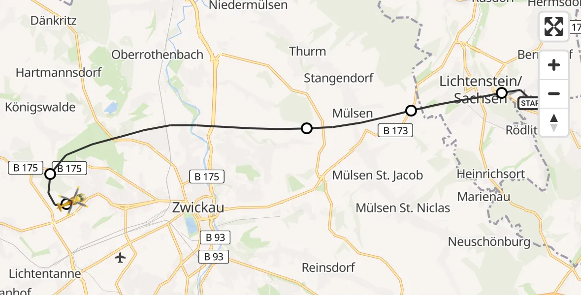 Flugroute Rettungshubschrauber Bernsdorf - ADAC Air Rescue Station Zwickau Hubschrauberlandeplatz, 17 April 2026, 14:27