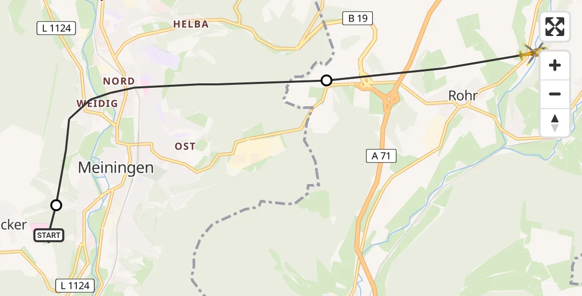 Flugroute Rettungshubschrauber Helios Clinic Meiningen - Schwarza, 17 April 2026, 14:28