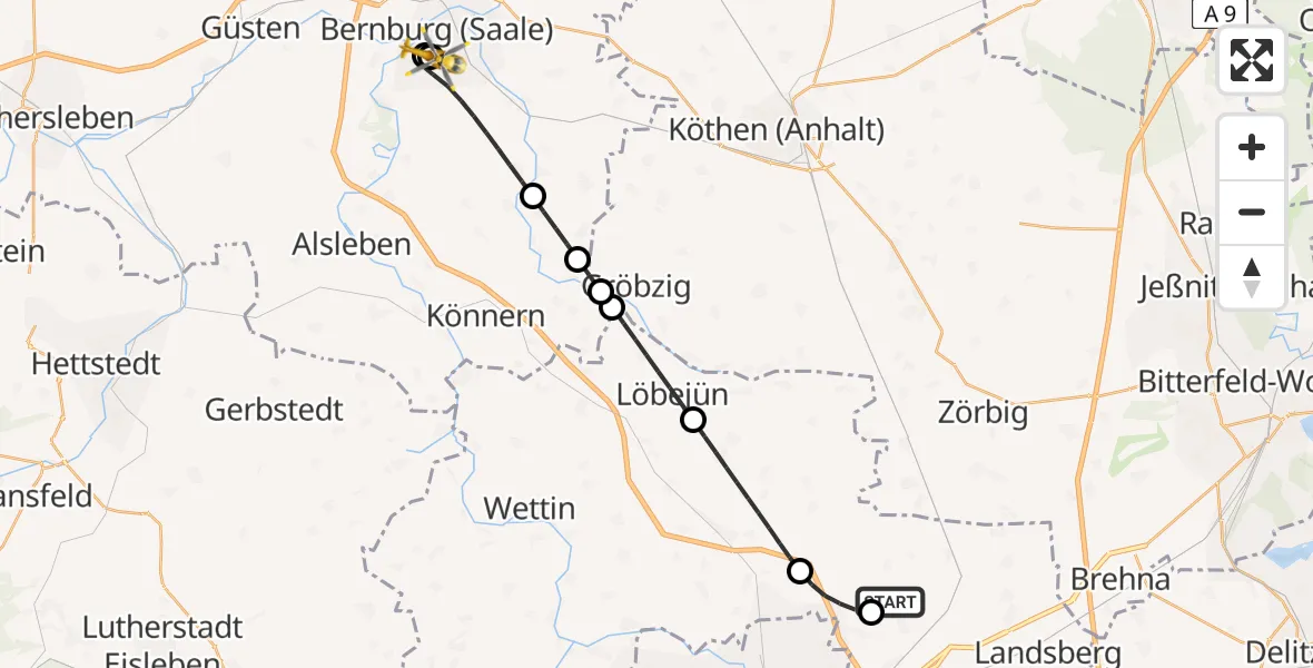 Flugroute Rettungshubschrauber Halle-Oppin Flugplatz - AMEOS Hospital Bernburg, 17 April 2026, 14:29