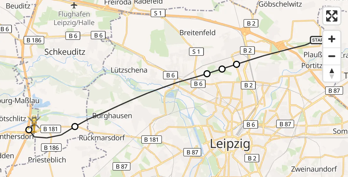 Flugroute Rettungshubschrauber Leipzig - ADAC Air Rescue Station Leipzig/Schkeuditz-Dölzig Hubschrauberlandeplatz (Christoph 61), 17 April 2026, 14:40