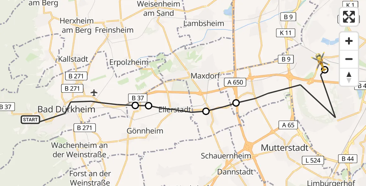 Flugroute Rettungshubschrauber Bad Dürkheim - Ludwigshafen Accident Hospital Hubschrauberlandeplatz, 17 April 2026, 14:41