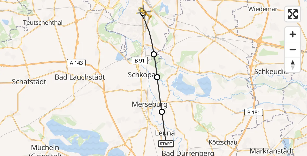 Flugroute Rettungshubschrauber Leuna - BG Hospital Bergmannstrost Halle, 17 April 2026, 14:41