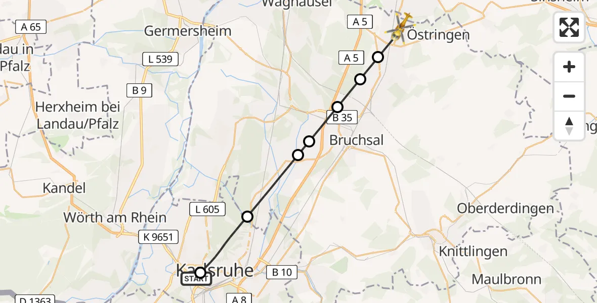 Flugroute Rettungshubschrauber Sankt Vincentius Hospital - Bad Schönborn, 17 April 2026, 14:48