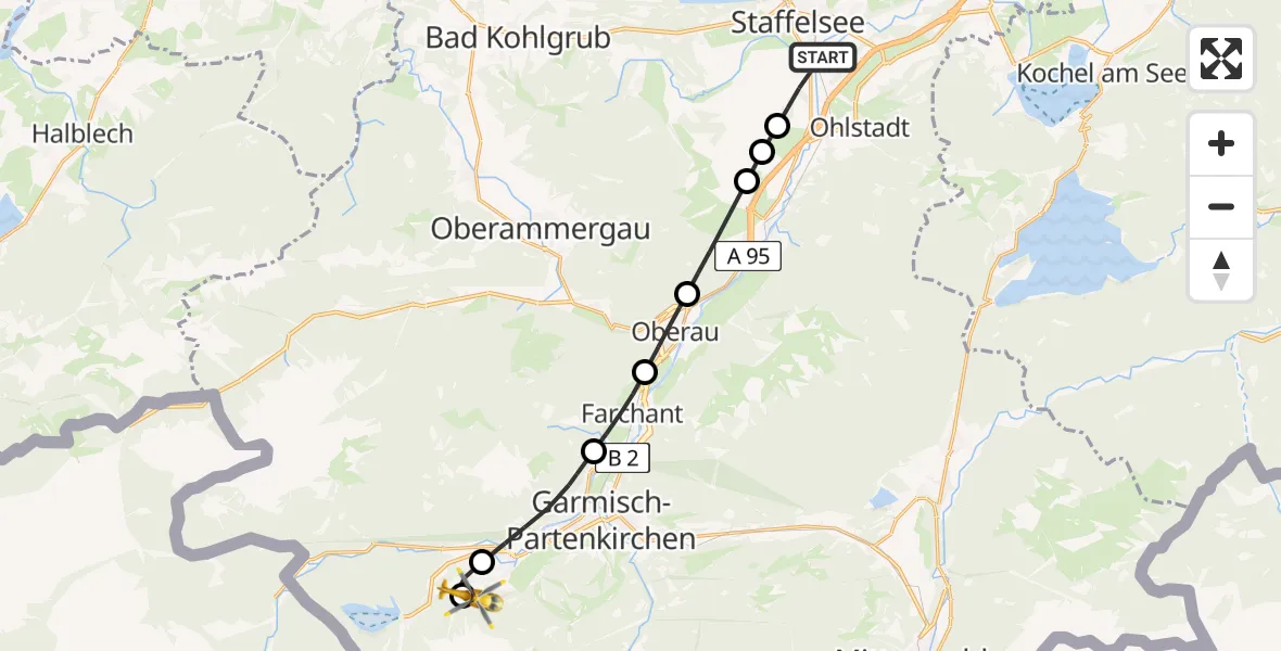 Flugroute Rettungshubschrauber Murnau a.Staffelsee - Brandweg Hubschrauberlandeplatz, 17 April 2026, 14:54