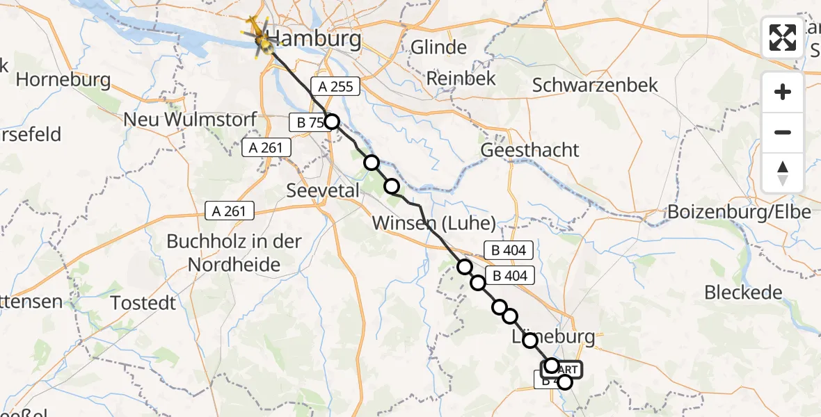 Flugroute Rettungshubschrauber Lüneburg - Hamburg, 17 April 2026, 14:55