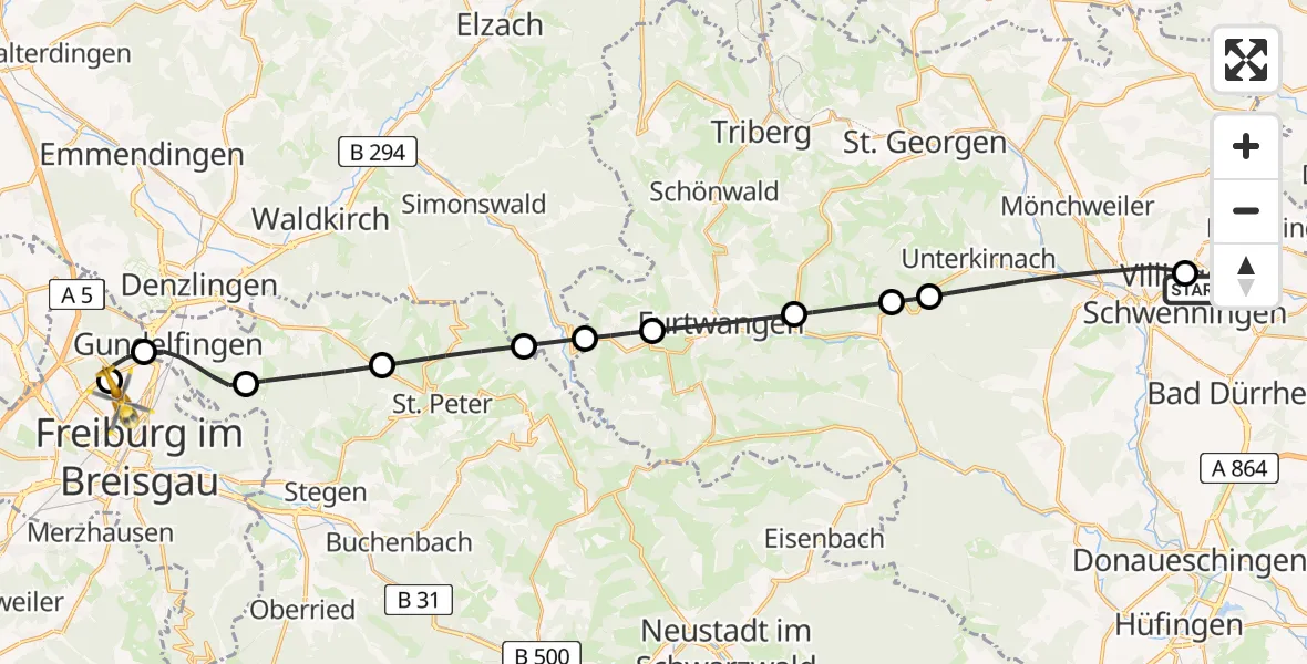 Flugroute Rettungshubschrauber DRF Air Rescue Station Villingen-Schwenningen Hubschrauberlandeplatz (Christoph 11) - Freiburg im Breisgau Flugplatz, 17 April 2026, 15:06