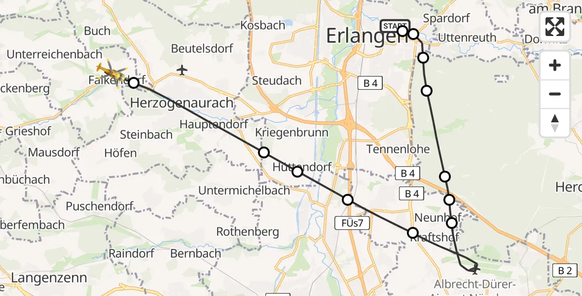 Flugroute Rettungshubschrauber Erlangen University Hospital Ebrardstraße - Aurachtal, 17 April 2026, 15:07