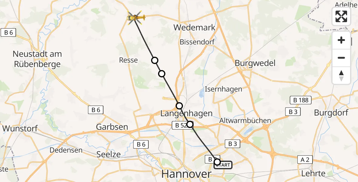 Flugroute Rettungshubschrauber Hannover Luftrettung Hubschrauberlandeplatz (Christoph 4) - Wedemark, 17 April 2026, 15:13