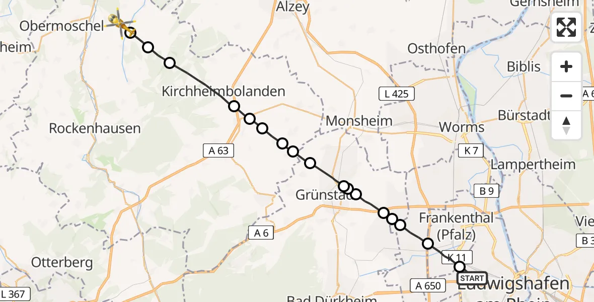 Flugroute Rettungshubschrauber Ludwigshafen am Rhein - Münsterappel, 17 April 2026, 15:14