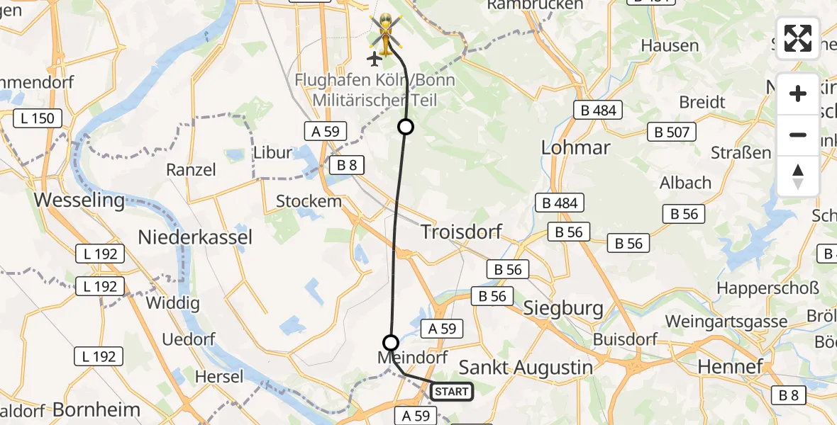 Flugroute Rettungshubschrauber Sankt Augustin - Köln Bonn Flughafen, 17 April 2026, 15:15