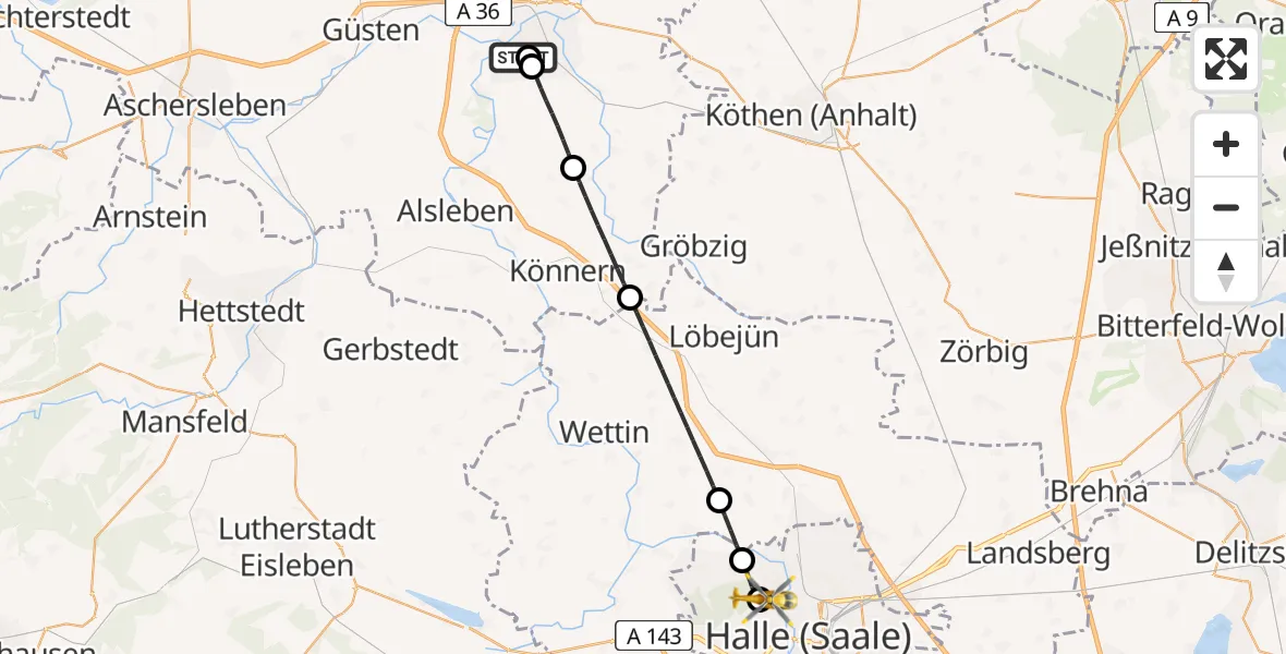 Flugroute Rettungshubschrauber AMEOS Hospital Bernburg - Halle (Saale) University Hospital, 17 April 2026, 15:15