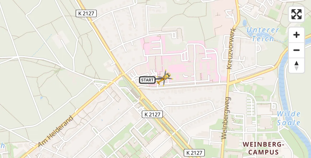 Flugroute Rettungshubschrauber Halle (Saale) University Hospital - Halle (Saale) University Hospital, 17 April 2026, 15:26