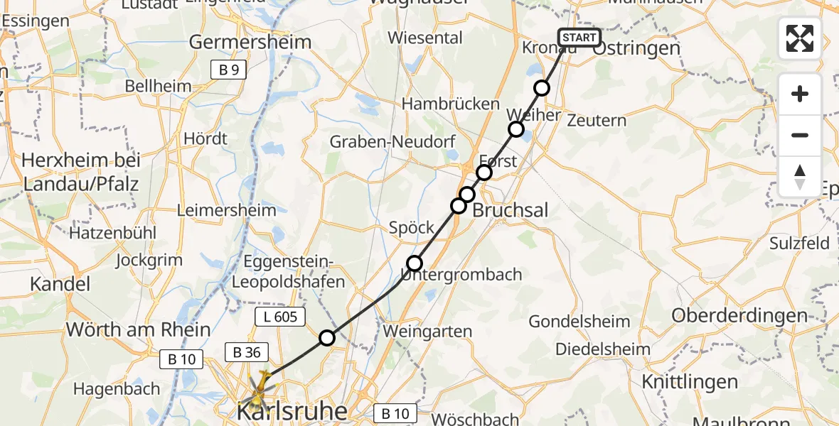 Flugroute Rettungshubschrauber Bad Schönborn - Karlsruhe, 17 April 2026, 15:42