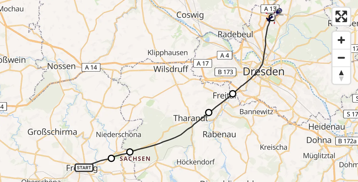 Flugroute Polizeihubschrauber Freiberg - Dresden Flughafen, 17 April 2026, 15:43