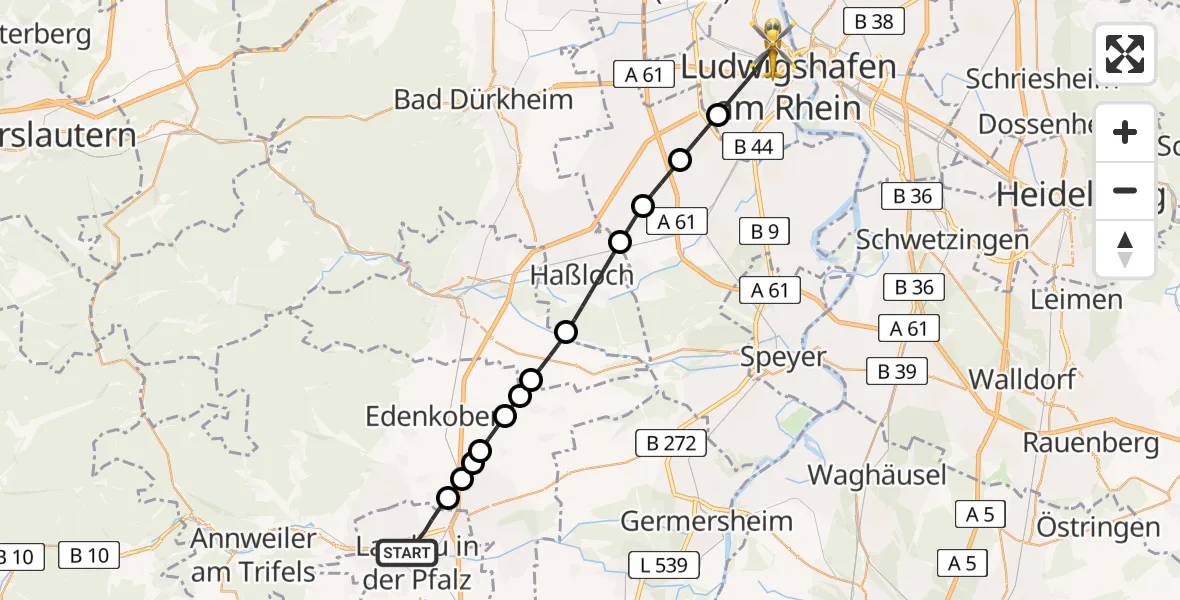 Flugroute Rettungshubschrauber Landau in der Pfalz - Ludwigshafen am Rhein, 17 April 2026, 15:53