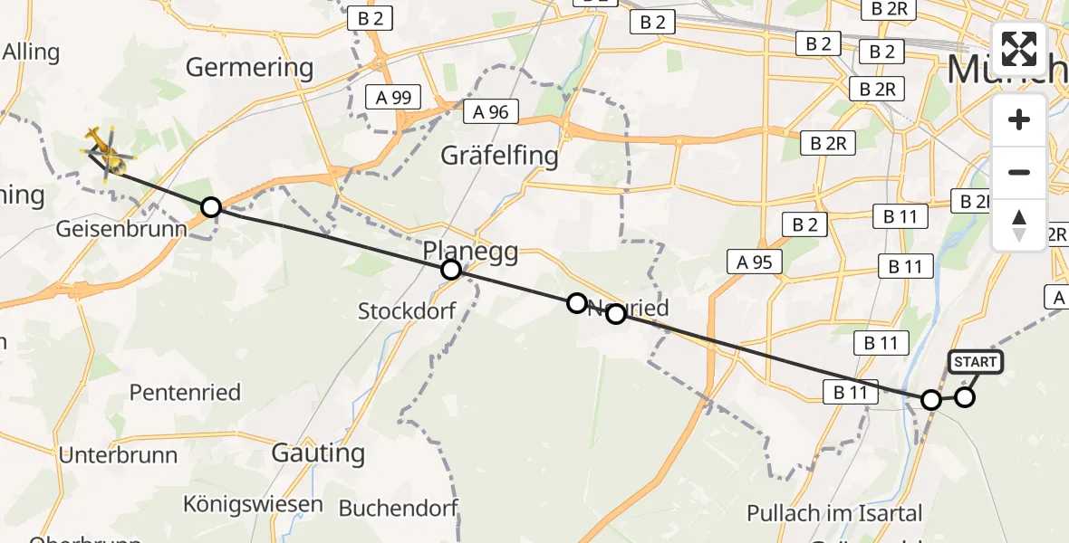 Flugroute Rettungshubschrauber ADAC Air Rescue Center Hubschrauberlandeplatz (Christoph 1) - Germering, 17 April 2026, 15:54