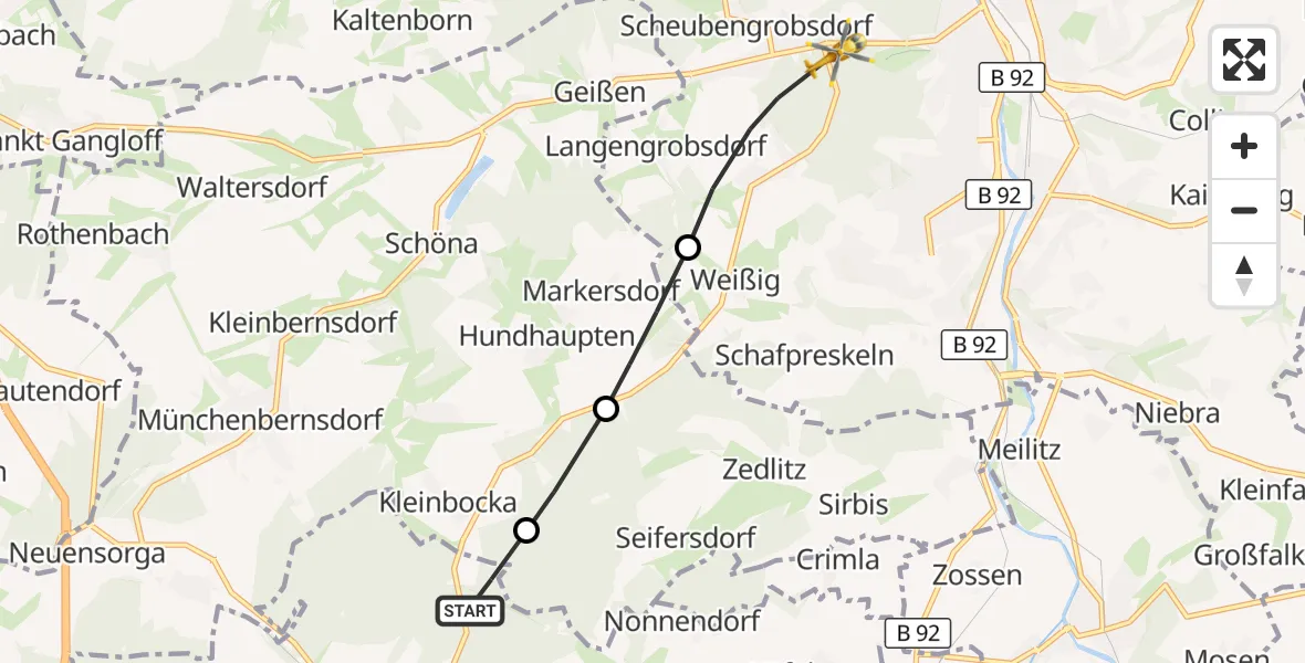 Flugroute Rettungshubschrauber Harth-Pöllnitz - SRH Wald-Klinikum Gera Hospital Hubschrauberlandeplatz, 17 April 2026, 15:54