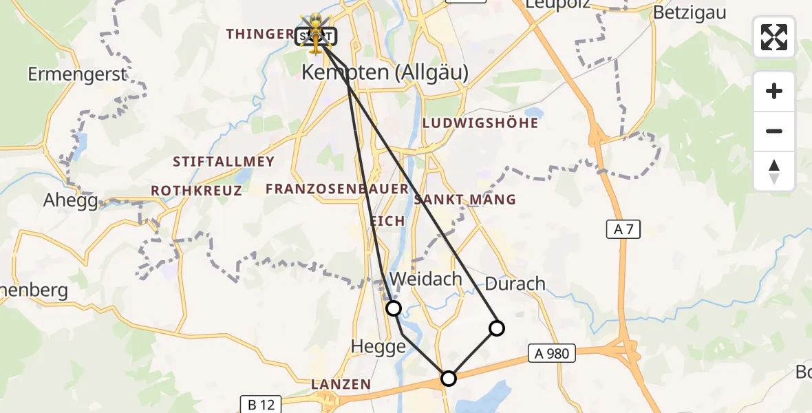 Flugroute Rettungshubschrauber Kempten (Allgäu) - Kempten (Allgäu), 17 April 2026, 15:55