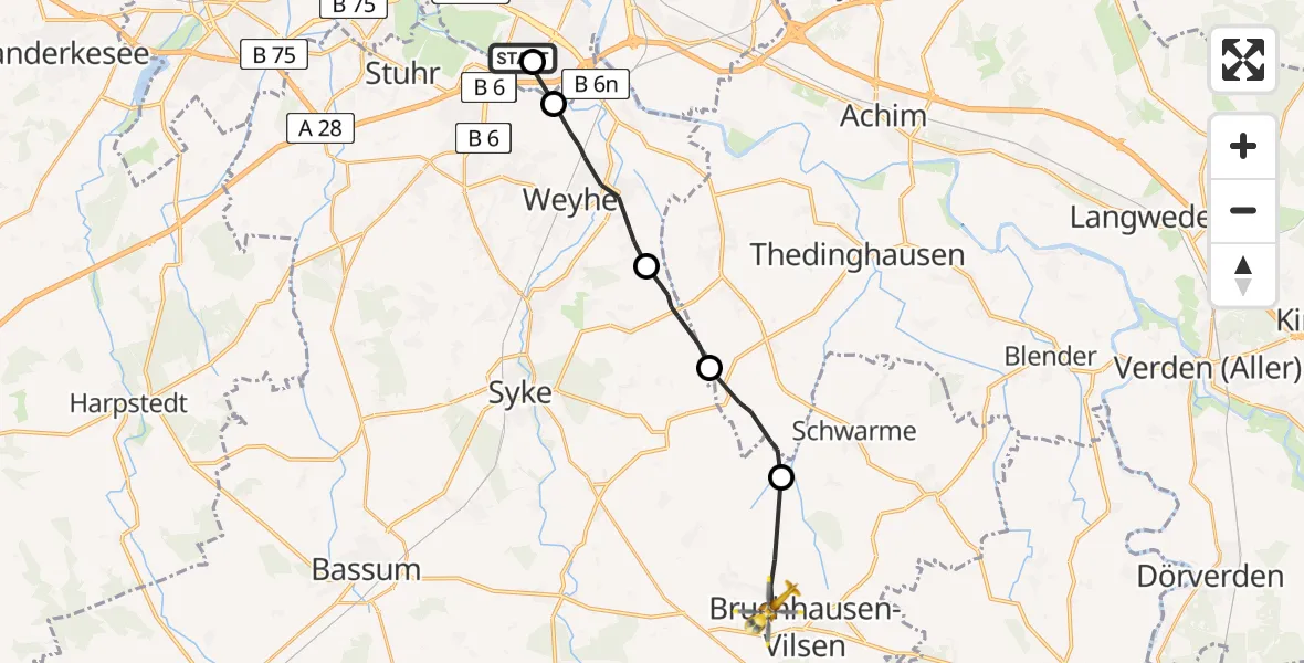 Flugroute Rettungshubschrauber ADAC Air Rescue Station Bremen Hubschrauberlandeplatz (Christoph 6) - Bruchhausen-Vilsen, 17 April 2026, 15:58