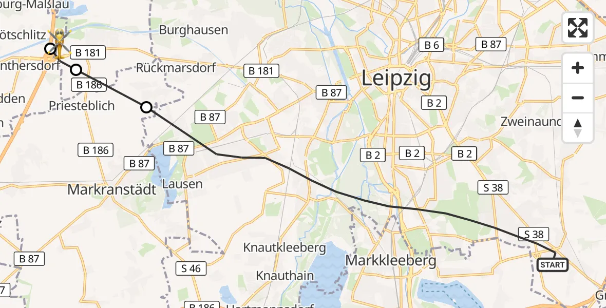 Flugroute Rettungshubschrauber Leipzig - ADAC Air Rescue Station Leipzig/Schkeuditz-Dölzig Hubschrauberlandeplatz (Christoph 61), 17 April 2026, 15:59