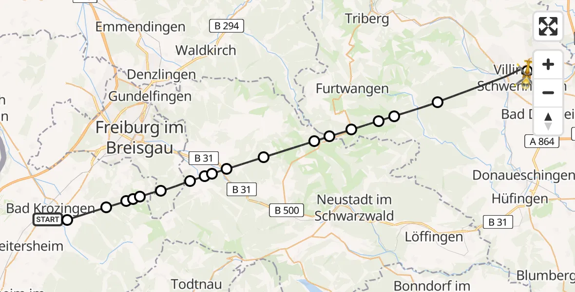 Flugroute Rettungshubschrauber Bad Krozingen - DRF Air Rescue Station Villingen-Schwenningen Hubschrauberlandeplatz (Christoph 11), 17 April 2026, 16:00