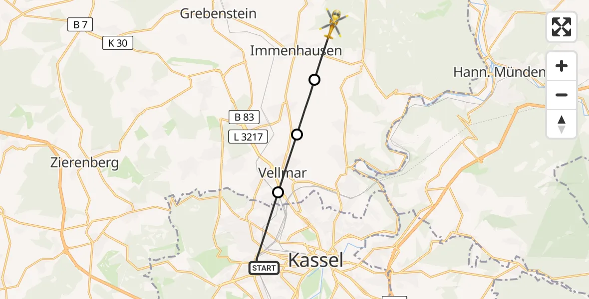 Flugroute Rettungshubschrauber Kassel - Immenhausen, 17 April 2026, 16:12