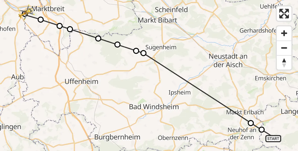 Flugroute Rettungshubschrauber Wilhermsdorf - Ochsenfurt Hospital, 17 April 2026, 16:15