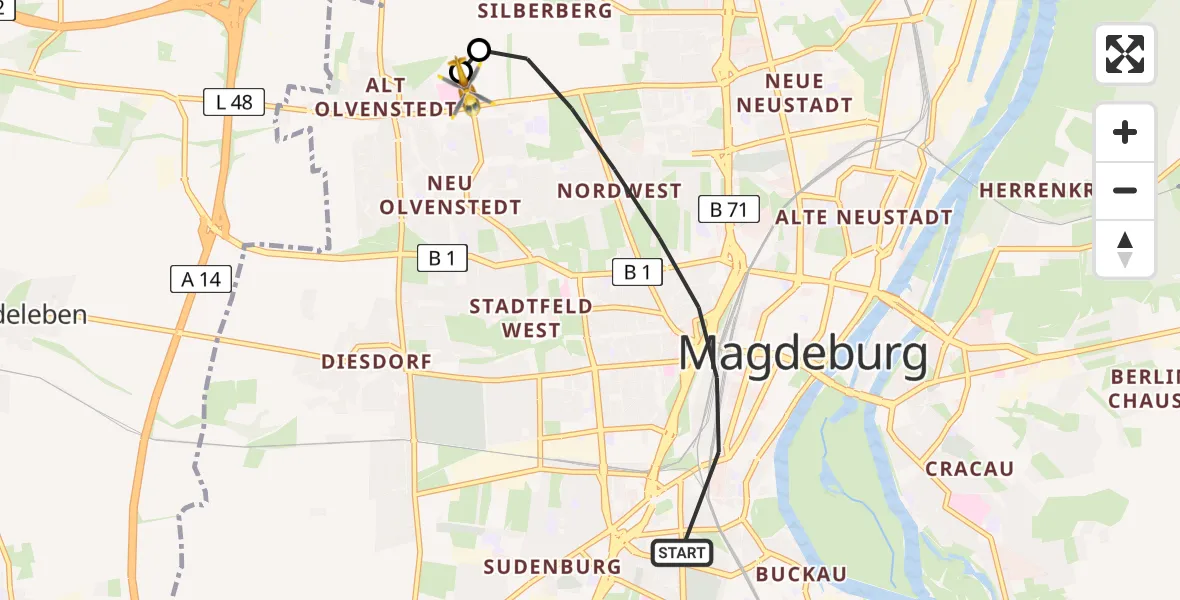 Flugroute Rettungshubschrauber Magdeburg - Magdeburg Hospital, 17 April 2026, 16:23