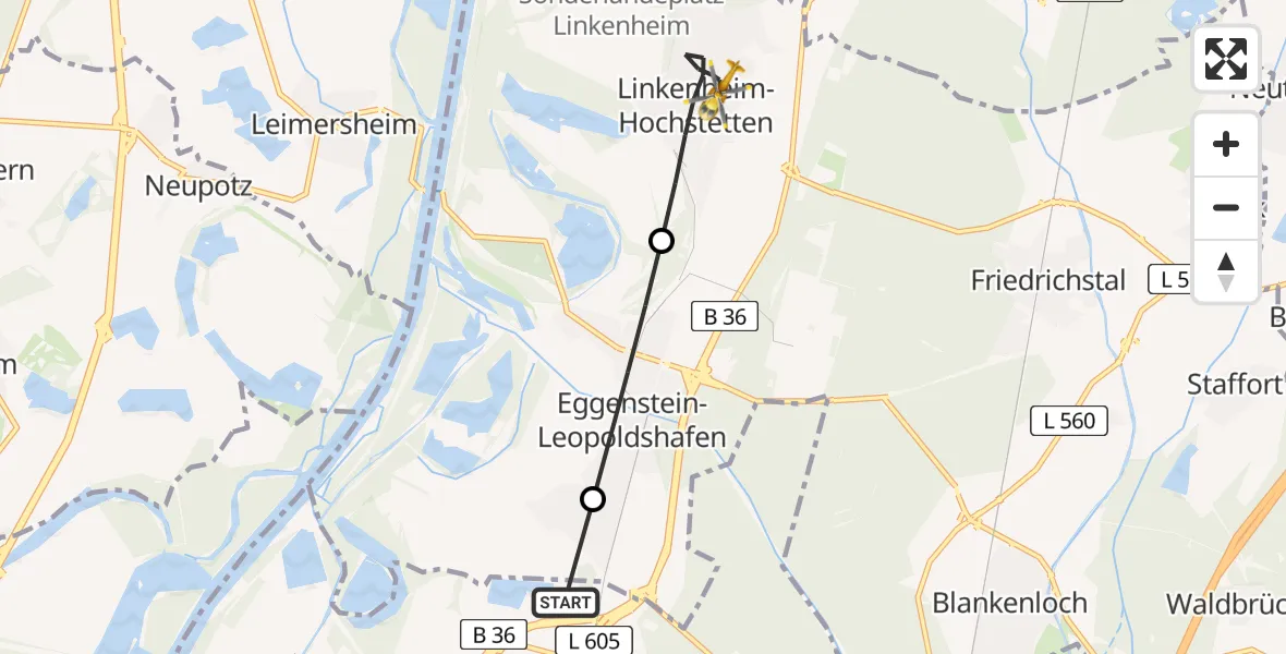 Flugroute Rettungshubschrauber Karlsruhe - Linkenheim-Hochstetten, 17 April 2026, 16:23