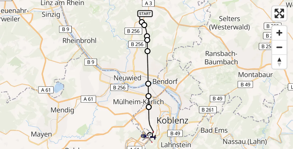 Flugroute Polizeihubschrauber Straßenhaus - Koblenz-Winningen Flugplatz, 17 April 2026, 16:32