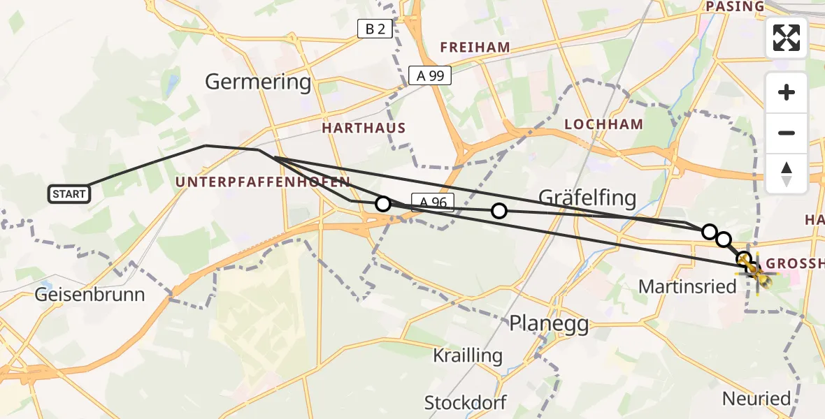 Flugroute Rettungshubschrauber Germering - DRF Air Rescue München Hubschrauberlandeplatz, 17 April 2026, 16:33