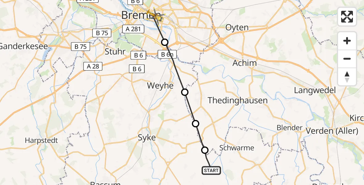 Flugroute Rettungshubschrauber Bruchhausen-Vilsen - Bremen, 17 April 2026, 16:35