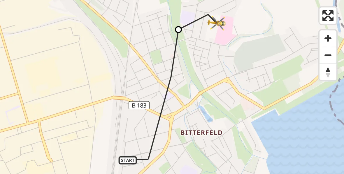 Flugroute Rettungshubschrauber Bitterfeld-Wolfen - Bitterfield-Wolfen Health Center Hubschrauberlandeplatz, 17 April 2026, 16:36