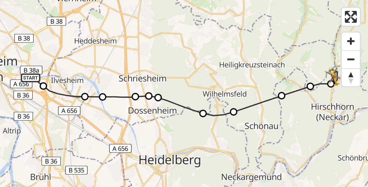 Flugroute Rettungshubschrauber Mannheim-City Flughafen - Hirschhorn (Neckar), 17 April 2026, 16:38
