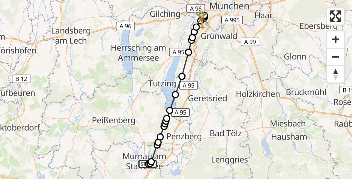 Flugroute Rettungshubschrauber Murnau Accident Hospital - Planegg, 17 April 2026, 16:40