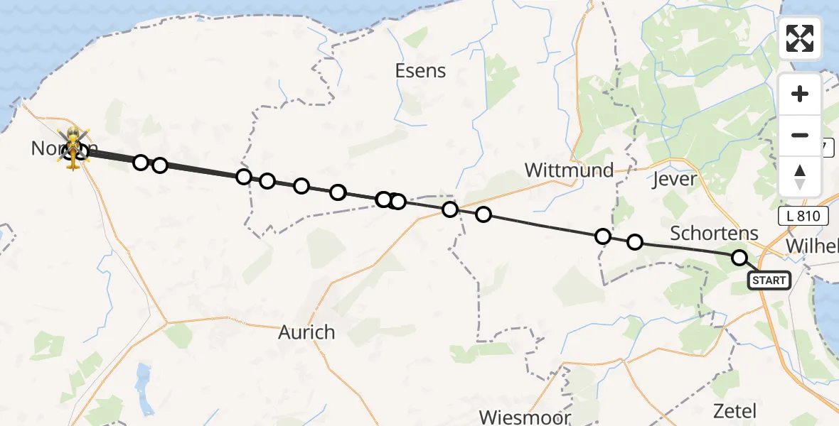 Flugroute Rettungshubschrauber Sande - Norden, 17 April 2026, 16:41