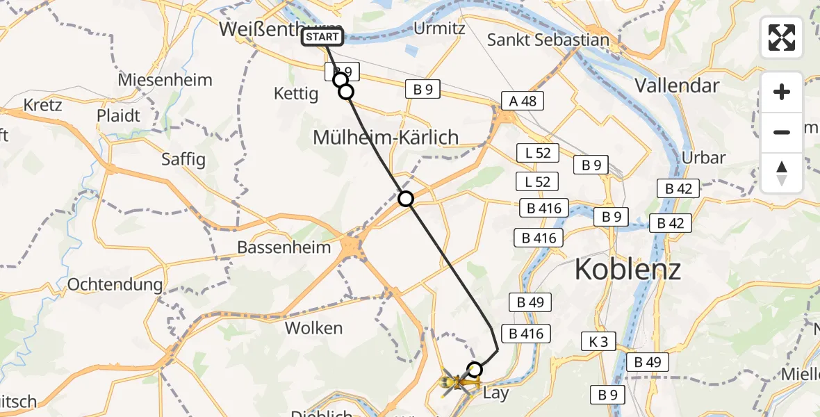 Flugroute Ambulanzhubschrauber Weißenthurm - Koblenz-Winningen Flugplatz, 17 April 2026, 16:42