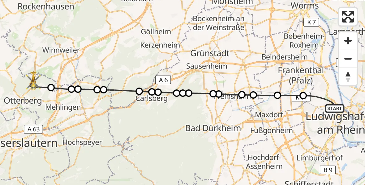 Flugroute Rettungshubschrauber Ludwigshafen am Rhein - Otterberg, 17 April 2026, 16:48