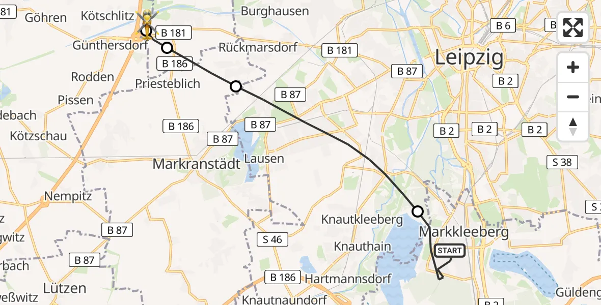 Flugroute Rettungshubschrauber Markkleeberg - ADAC Air Rescue Station Leipzig/Schkeuditz-Dölzig Hubschrauberlandeplatz (Christoph 61), 17 April 2026, 16:56