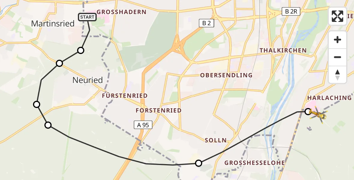 Flugroute Rettungshubschrauber DRF Air Rescue München Hubschrauberlandeplatz - ADAC Air Rescue Center Hubschrauberlandeplatz (Christoph 1), 17 April 2026, 16:59