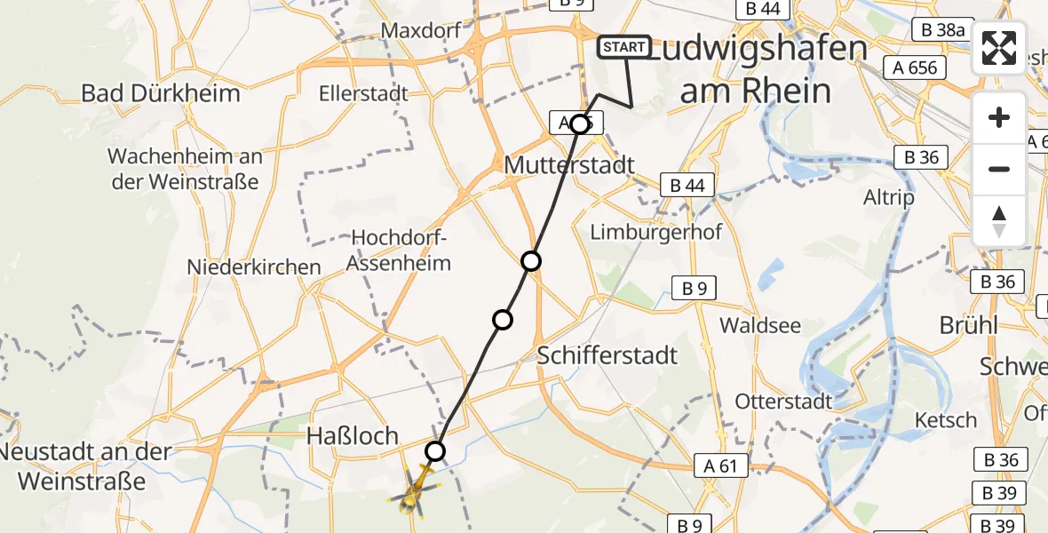 Flugroute Rettungshubschrauber Ludwigshafen am Rhein - Haßloch, 17 April 2026, 17:05