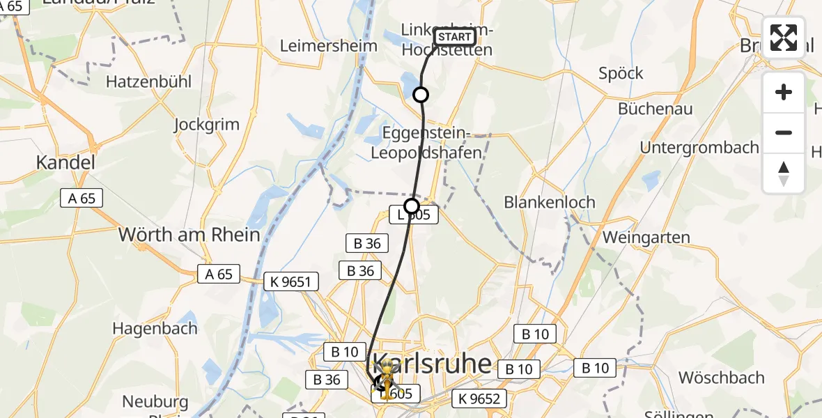 Flugroute Rettungshubschrauber Linkenheim-Hochstetten - Sankt Vincentius Hospital, 17 April 2026, 17:23