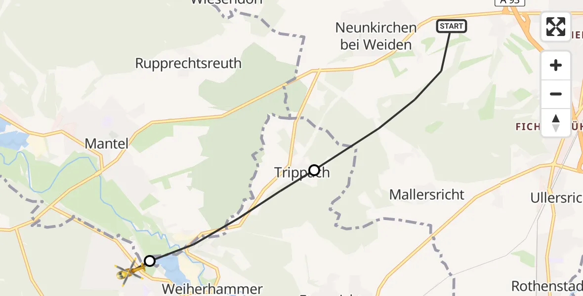 Flugroute Rettungshubschrauber Weiden i.d.OPf. - Weiherhammer, 17 April 2026, 17:45