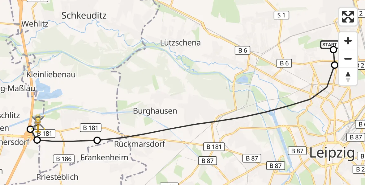 Flugroute Rettungshubschrauber Sankt Georg Hospital Leipzig Reserve - ADAC Air Rescue Station Leipzig/Schkeuditz-Dölzig Hubschrauberlandeplatz (Christoph 61), 17 April 2026, 17:46