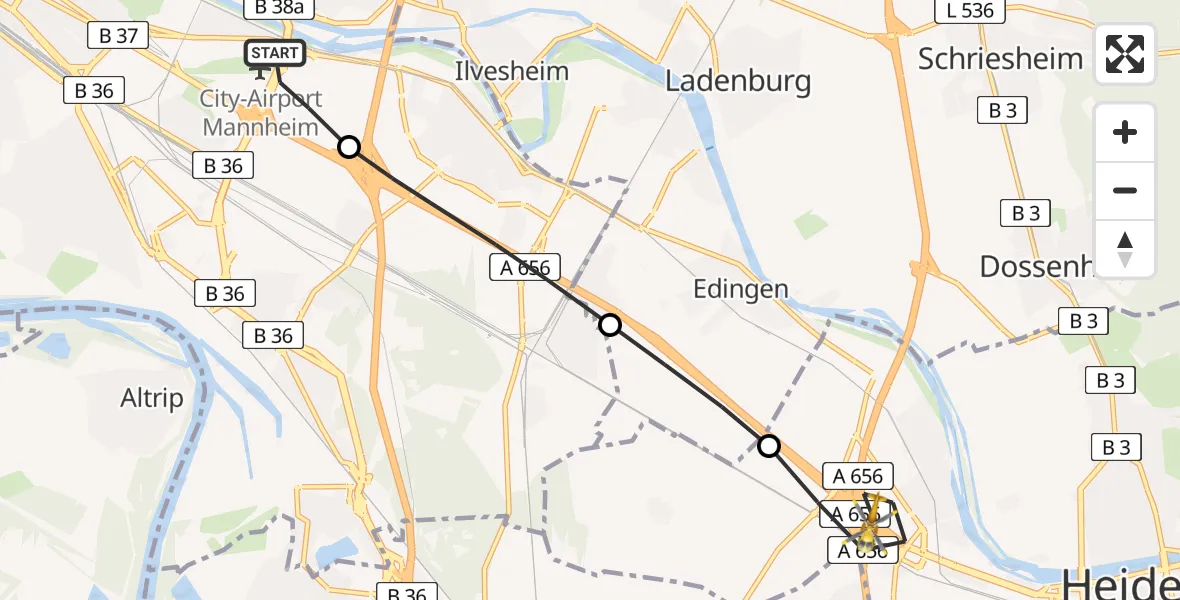 Flugroute Rettungshubschrauber Mannheim-City Flughafen - Heidelberg, 17 April 2026, 18:09