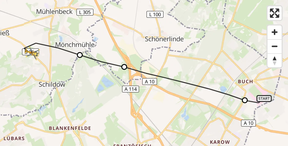 Flugroute Rettungshubschrauber Helios Clinic Berlin-Buch - Mühlenbecker Land, 17 April 2026, 18:19