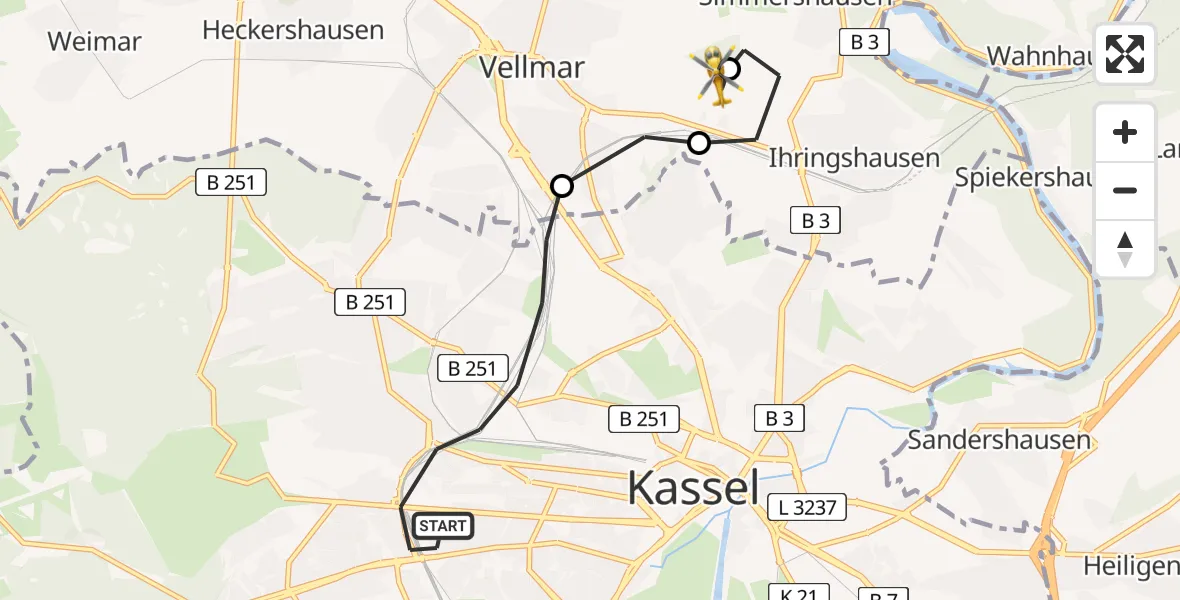 Flugroute Rettungshubschrauber Kassel - Fuldatal Bundespolizei Hubschrauberlandeplatz, 17 April 2026, 18:21