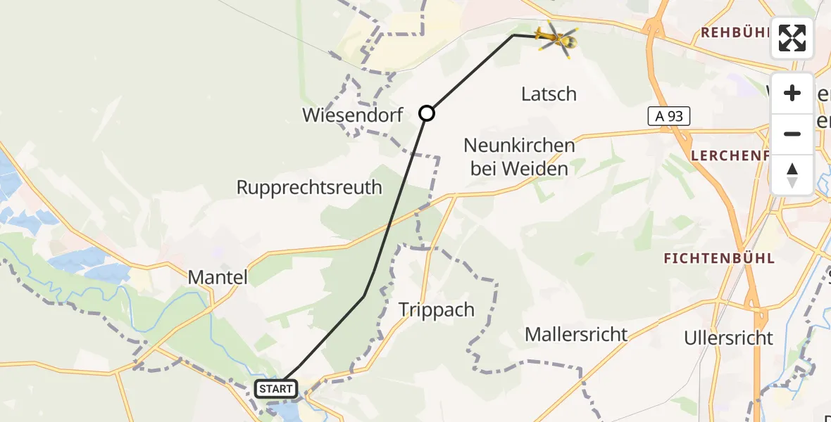 Flugroute Rettungshubschrauber Mantel - Weiden i.d.OPf., 17 April 2026, 18:24