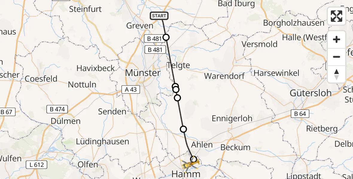 Flugroute Ambulanzhubschrauber Greven - Hamm, 17 April 2026, 18:35